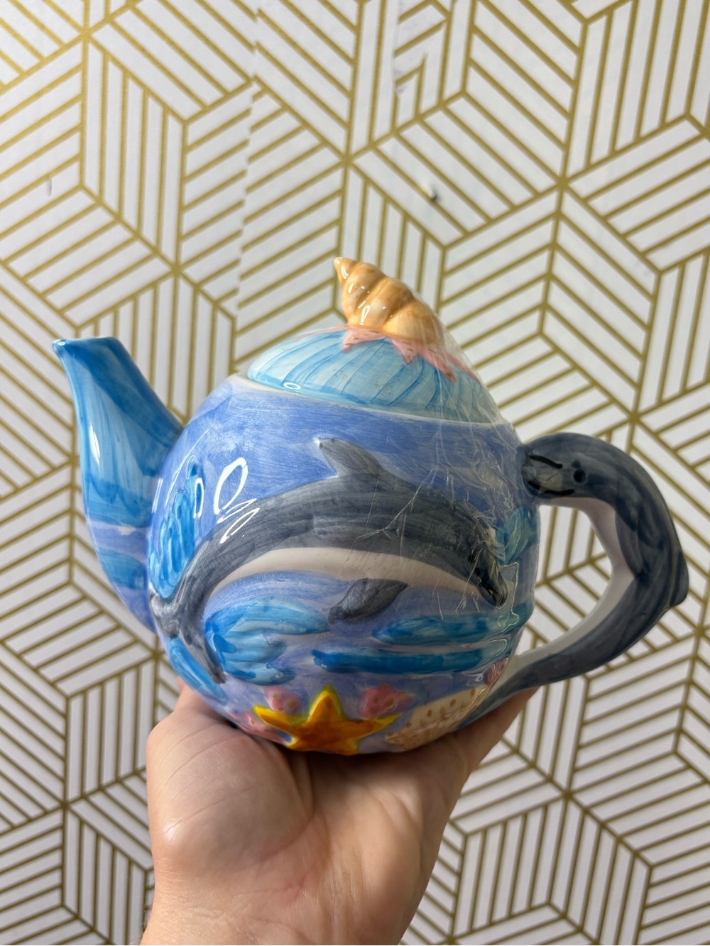 Thailand Hand-Painted Blue Dolphin Ceramic Teapot with Sea Shell Accent